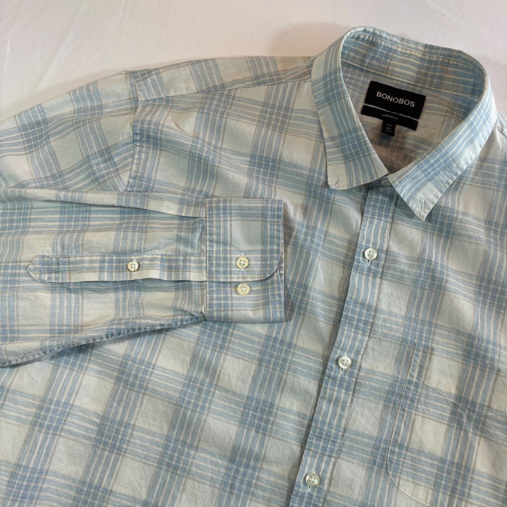 Bonobos Button Down Shirt‎ XXL Blue White Plaid Standard Fit Long Sleeve